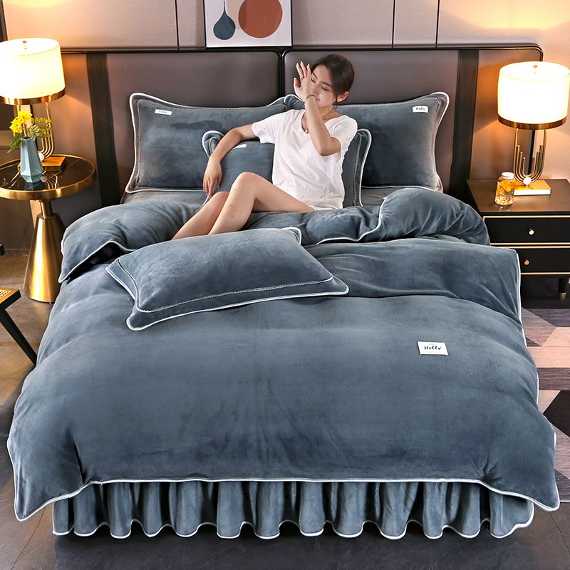 牛奶絨珊瑚絨絨加厚冬季3四件套床裙雙拼純色不掉毛被套爆款學生