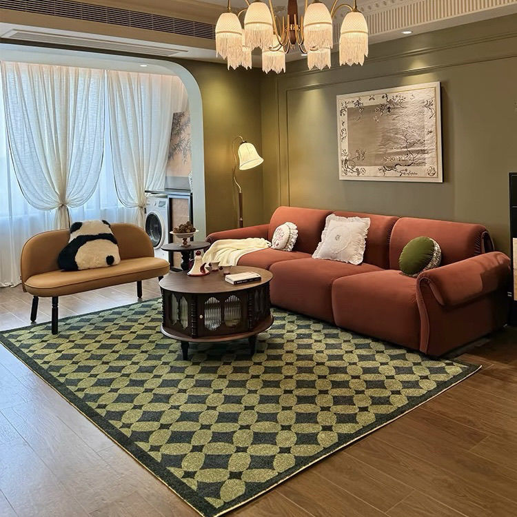 中古風客廳地毯復古高級感沙發茶幾綠色免洗可擦書房臥室地墊新款