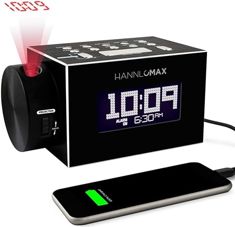 HANNLOMAX 【美國代購】 HX-108CR PLL 時間投影鬧鐘LCD 顯示器喇叭單一警報鋁製外殼－黑色