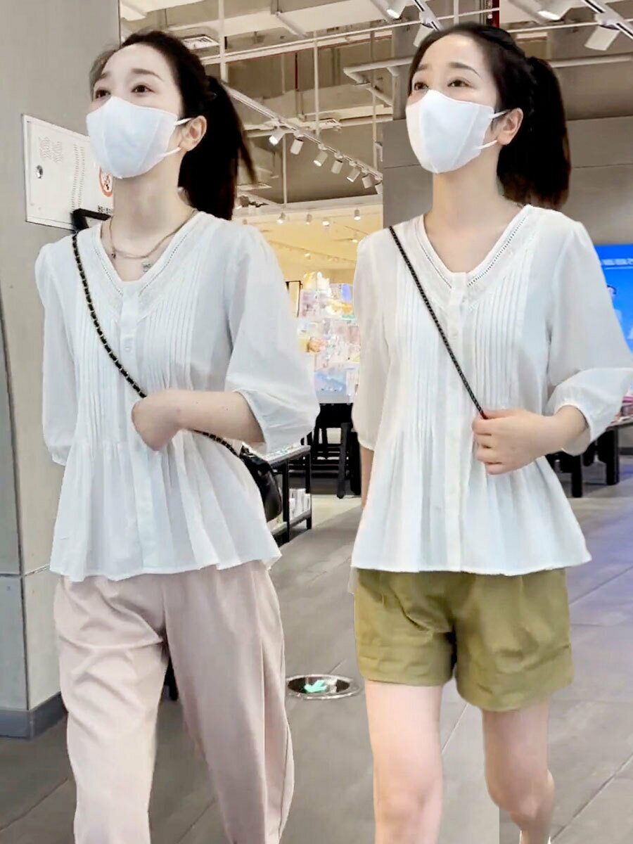 高階感雪紡襯衫女夏洋氣減齡七分袖上衣寬松遮肚子襯衣娃娃小衫薄【淘夢屋】