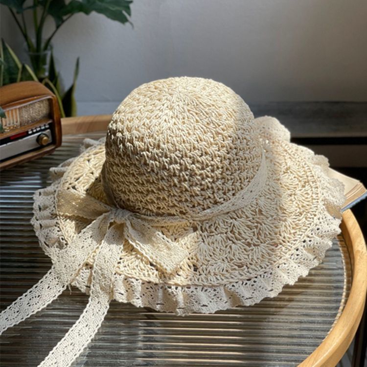 草帽 蕾絲邊可折疊草帽女夏天手工編織鏤空蝴蝶結太陽帽防曬遮陽沙灘帽