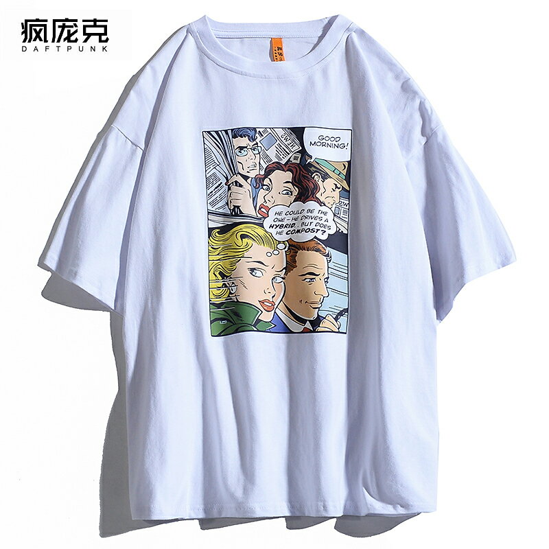 ins夏季新款短袖T恤男女日系漫畫印花上衣情侶嘻哈圓領半袖體恤衫