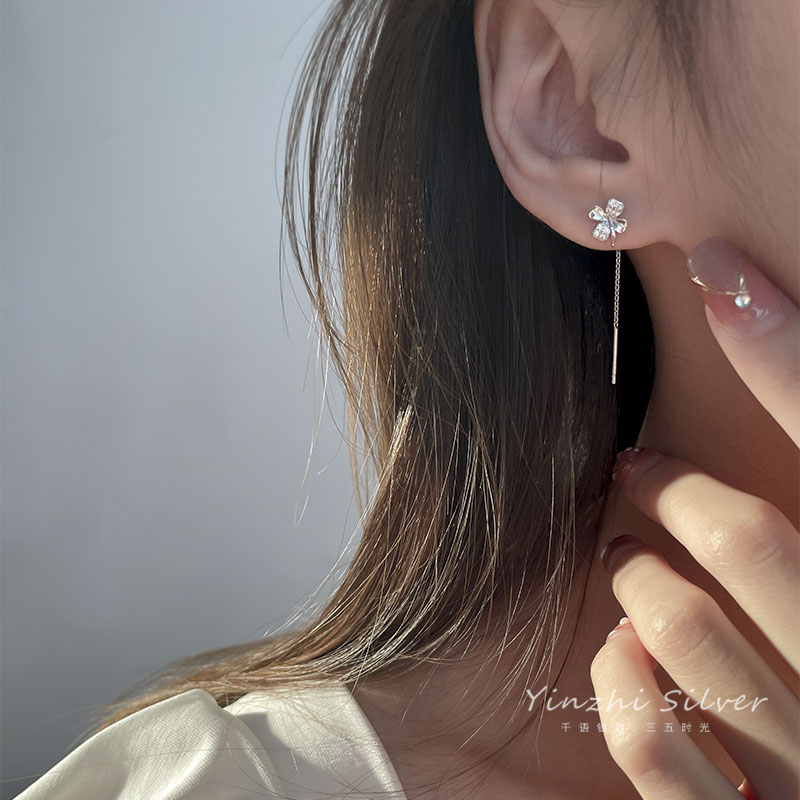 S925銀四葉草耳釘女2022年新款潮耳線高級感耳環小眾設計感氣質耳