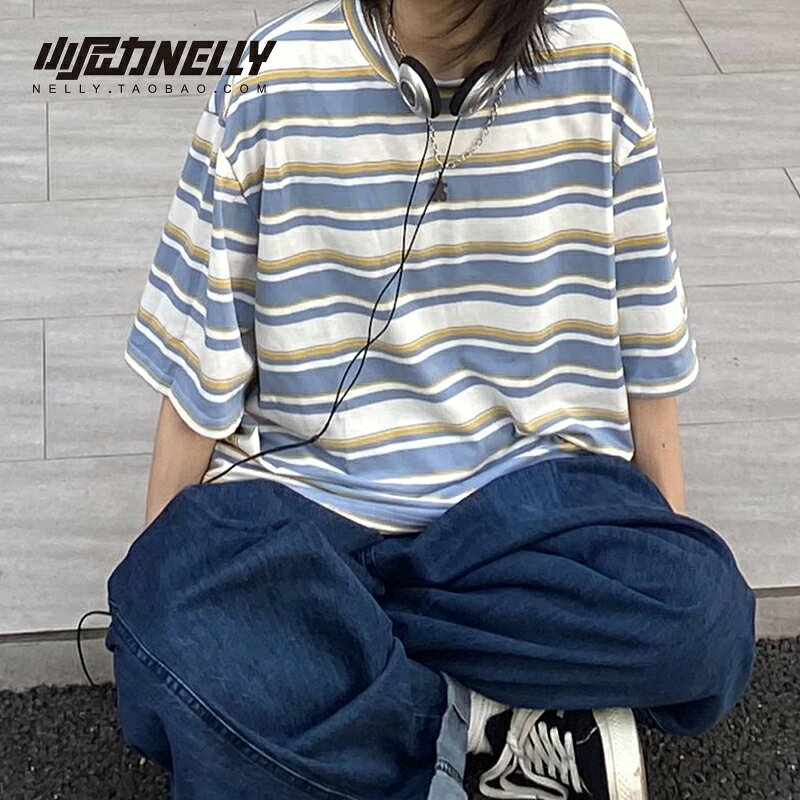 夏季新款oversize小清新條紋寬松圓領休閑短袖t恤男女街頭半袖TEE