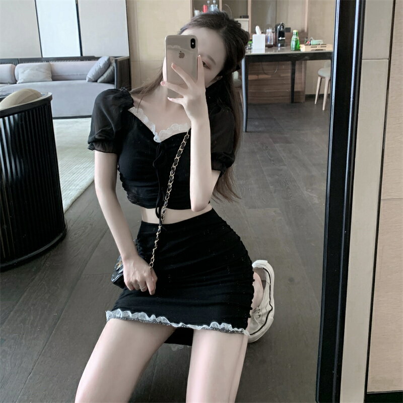 港風休閑時尚套裝女夏季新款網紗泡泡袖短款上衣+包臀短裙兩件套