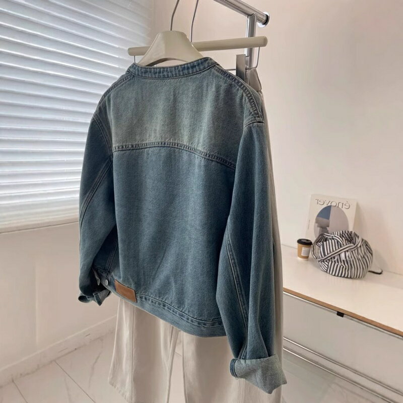 現貨+預購 美式牛仔外套丹寧夾克經典牛仔襯衫-港風復古圓領工裝女外套74km59【獨家進口】【米蘭精品】 2