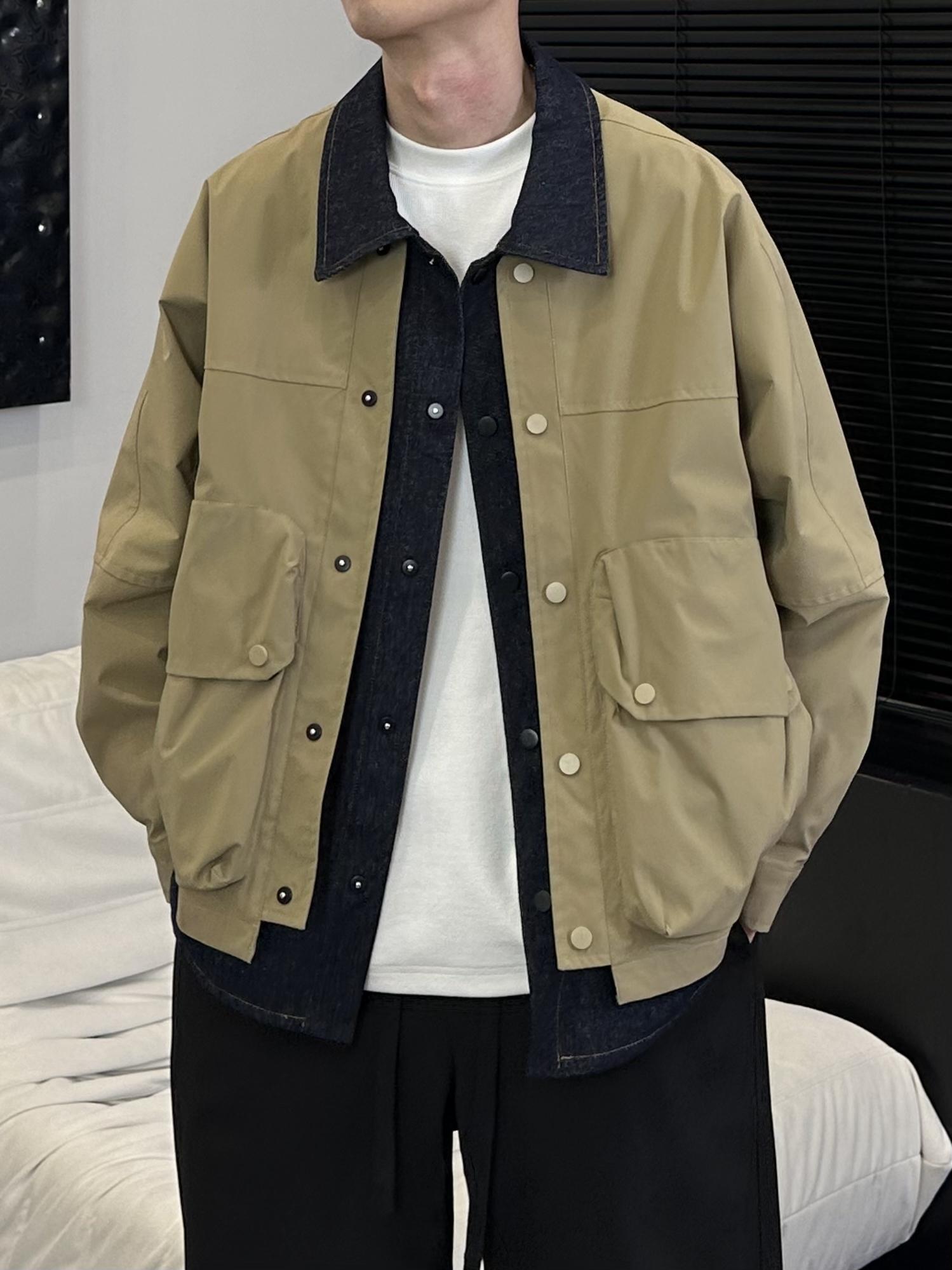 秋冬季拼接牛仔假兩件棉服休閑百搭翻領外套高階感男寬松加厚夾克【雲木雜貨】