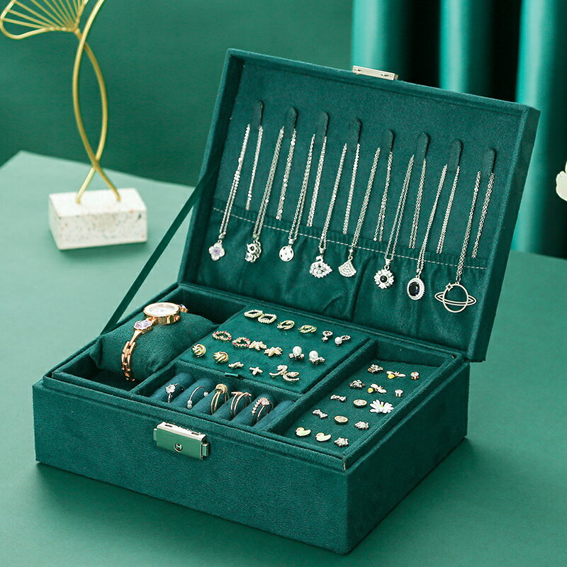 復古絨布珠寶首飾盒多功能雙層帶鎖收納盒項鏈手表耳飾品盒大容量