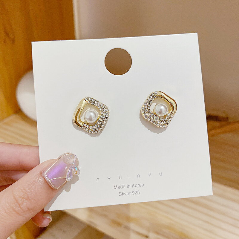 925銀針幾何鑲鉆方塊珍珠耳圈韓國網紅時尚設計感簡約耳環耳飾女