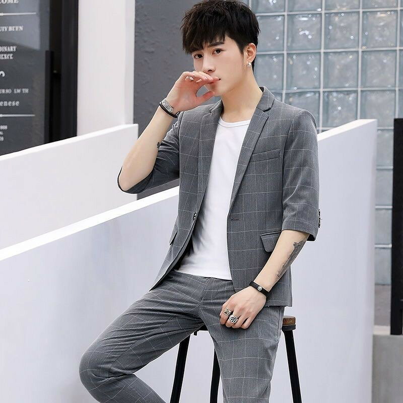 夏季西服套裝男韓版修身百搭中袖小西服薄款休閑帥氣一套裝