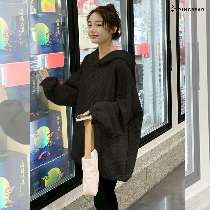 連帽上衣--慵懶風菱格夾棉束口袖袋鼠口袋連帽長袖上衣(黑.咖.杏XL-4L)-X520眼圈熊中大尺碼 4