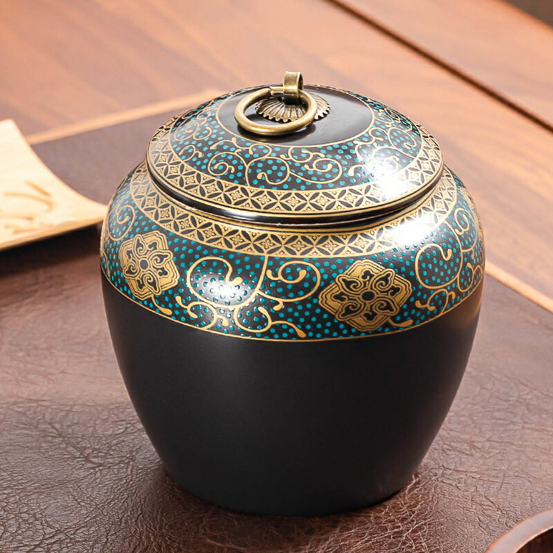 茶葉罐陶瓷中式復古高檔鎏金點彩密封罐銅環蓋茶葉收納防潮茶容器