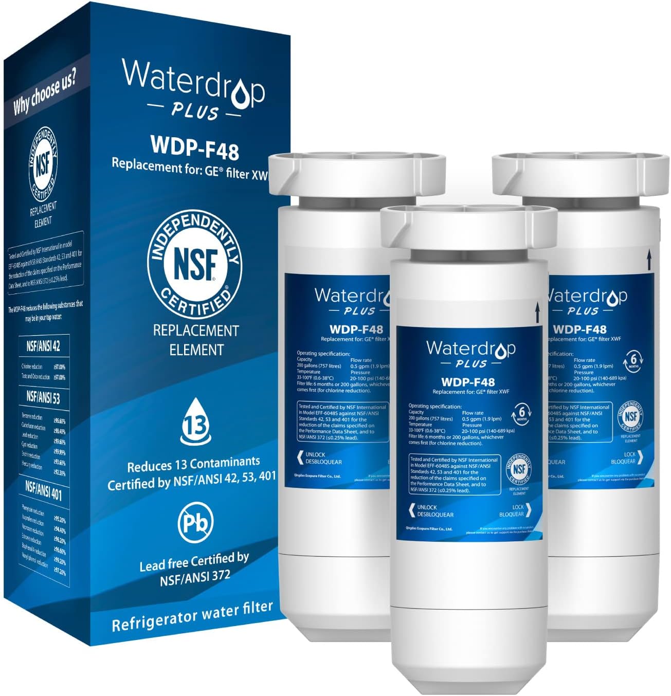 [4美國直購] Waterdrop Plus WDP-F48 NSF認證濾芯 3入 相容濾心 取代 GE XWF WR17X30702