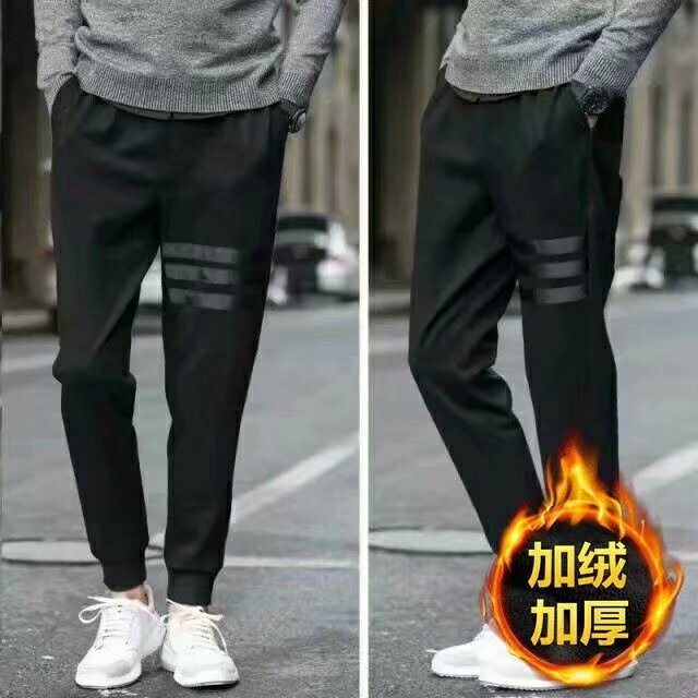 秋冬加絨加厚男士休閒褲 褲 黑色皮繩褲 加棉保暖褲 防水防風束腳褲