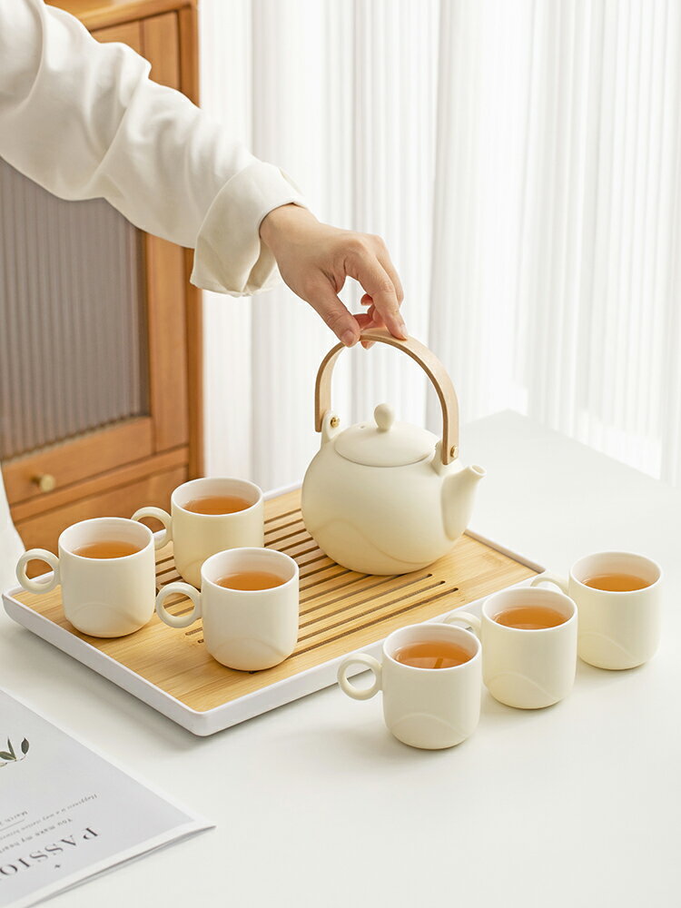奶油風提梁壺茶具套裝陶瓷家用中式簡約小清新下午茶功夫茶壺茶杯