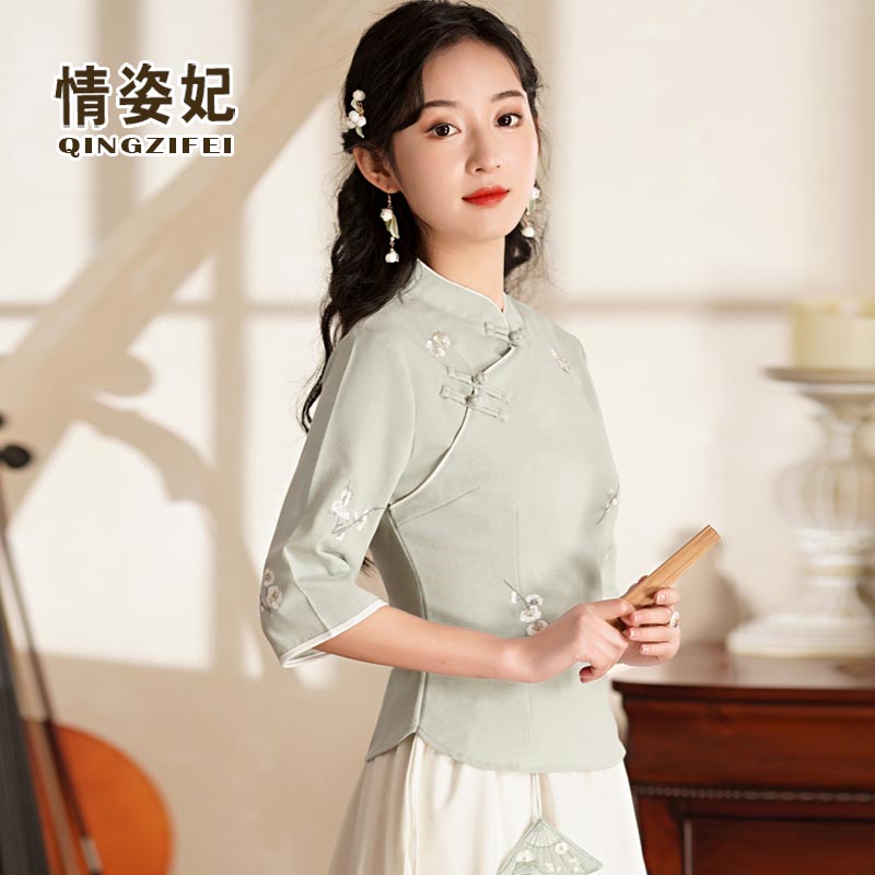 中國風漢服女大碼仙氣禪意茶服夏季民國改良旗袍式上衣採耳工作服