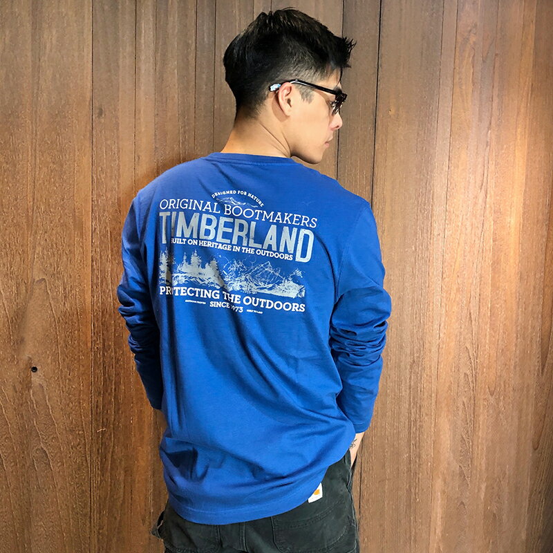 美國百分百【全新真品】Timberland 長袖T恤 薄長T T-shirt 上衣 logo 男 寶藍色 S號 AM68