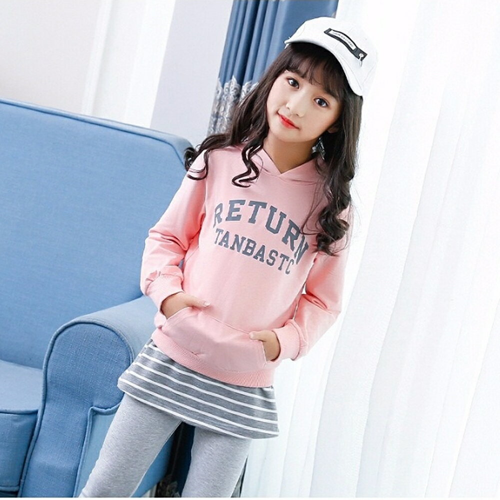 Augelute 兒童秋冬套裝 女大童純棉印字帽T條紋褲裙  47142baby童衣