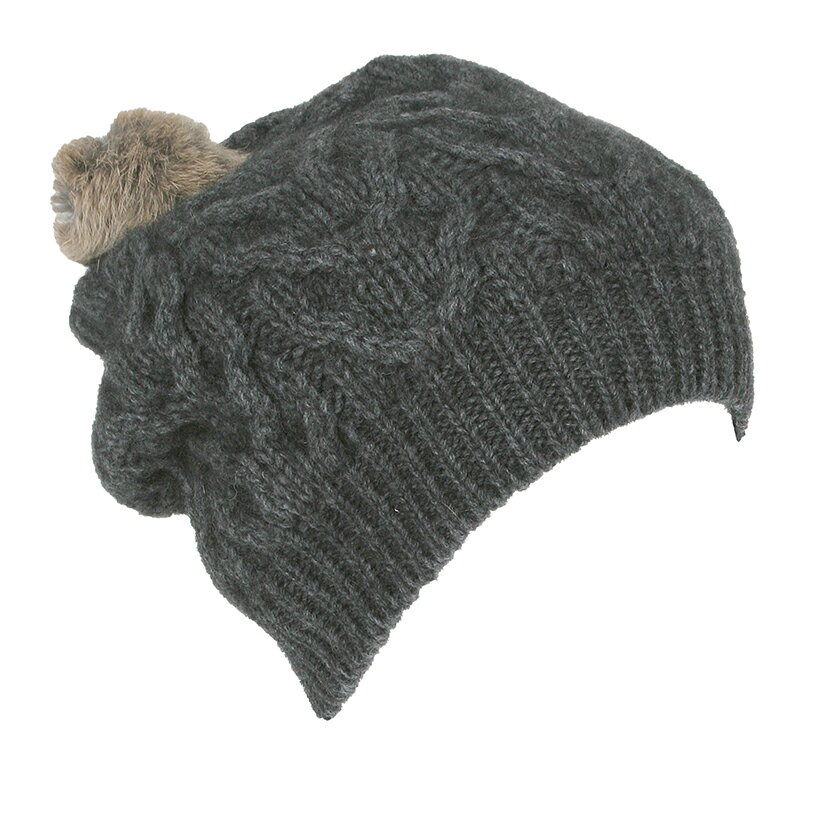 炭灰色麻花粗針織紐西蘭貂毛羊毛貝蕾帽兔毛球 毛線帽保暖帽毛球帽