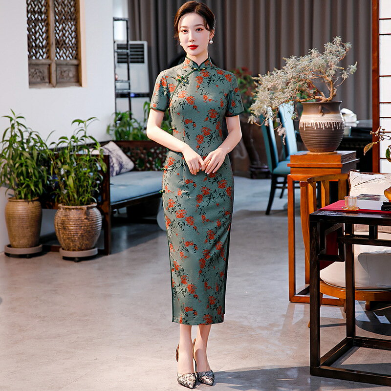 連身裙改良式旗袍-立領印花修身長款女裙子74cn56【獨家進口】【米蘭精品】