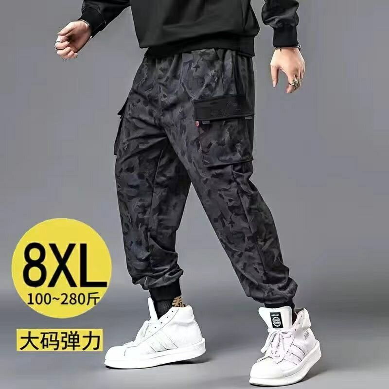 160公斤大碼彈力長褲 大尺碼彈性長褲 10XL肥佬秋季彈力休閒褲男闊腿潮牌寬鬆束腳衛褲男士寬鬆大碼顯瘦運動長褲