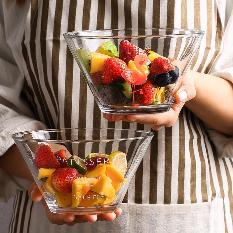 創意大號加厚玻璃水果字母法文沙拉碗透明甜品碗可愛家用零食碗