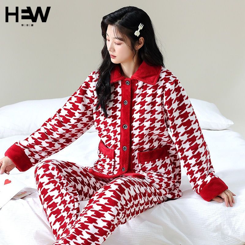 睡衣女珊瑚絨加絨加厚秋冬季保暖女士2024新款法蘭絨家居服套裝女