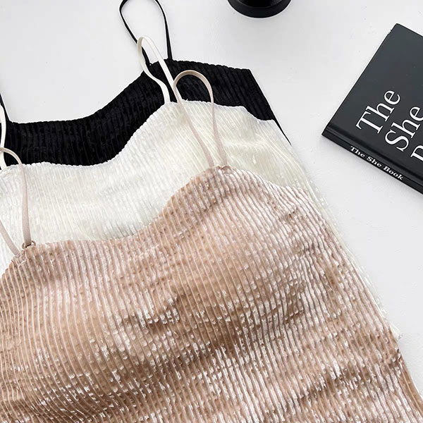 ANNAS 韓國高級感 帶胸墊金絲絨背心 細肩帶小可愛 絨布 金屬感 閃亮 性感 胸墊 罩杯 爆乳 5