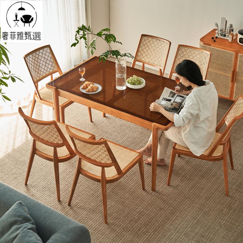 【奢菲雅】臺灣公司/開發票 新中式藤編白蠟木餐桌簡約家用吃飯桌玻璃桌面餐桌椅組合實木飯桌