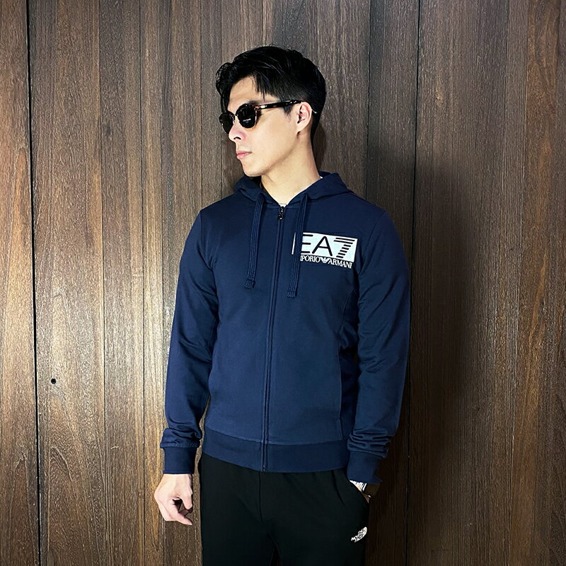 美國百分百【全新真品】Emporio Armani 連帽外套 棉質 刷毛 男款 EA7 長袖 logo 夾克 黑色/深藍 K140