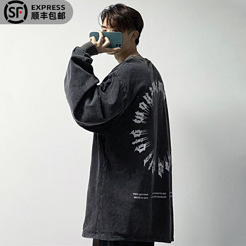 oversize水洗復古做舊長袖t恤男寬松衛衣ins潮流歐美潮牌圓領百搭
