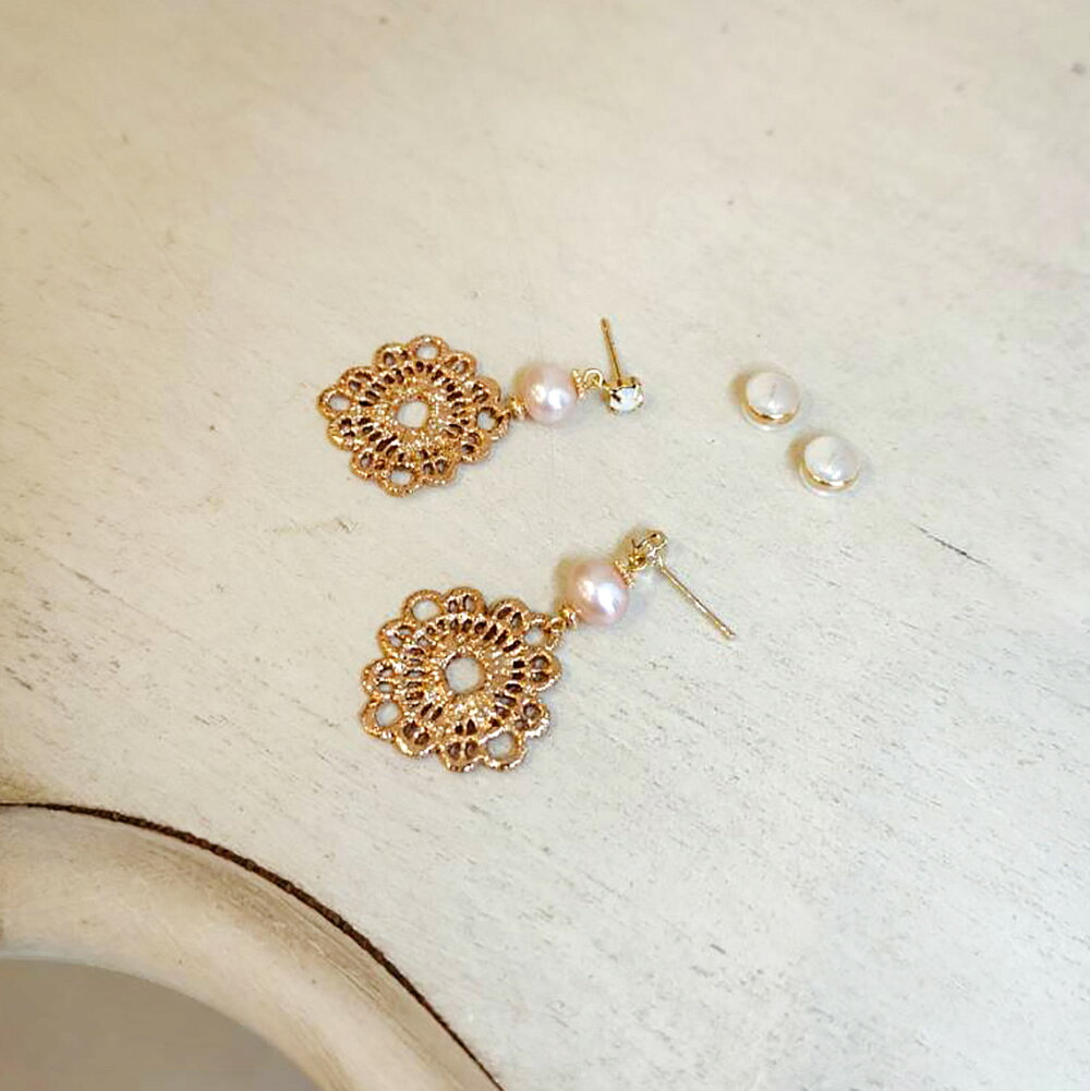 小時光x覓品竹北手作店-蕾絲花片珍珠耳環 3