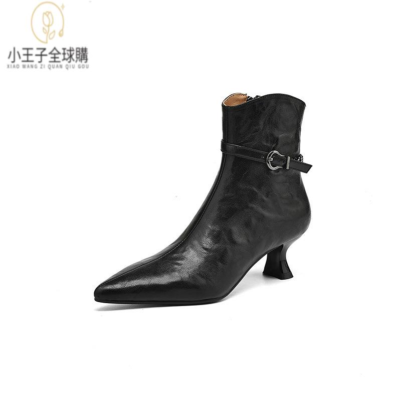 【公司現貨速發】免運 開發票 小短靴 堆堆靴 真皮女鞋 羊皮鞋 小皮鞋 樂福鞋羊皮豬裡皮秋季新款女短靴細跟尖頭皮帶扣時尚復古短靴 定製