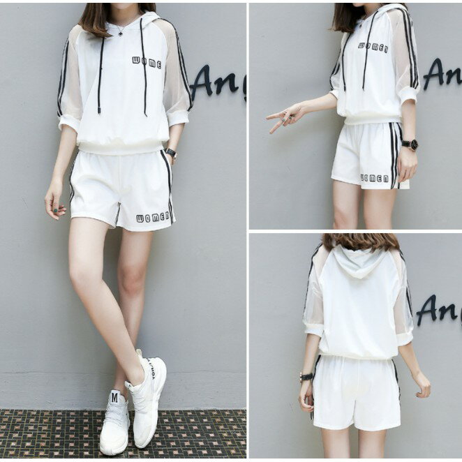 中大尺碼女裝 韓版寬鬆五分袖連帽休閒運動套裝 女短褲 兩件套 連帽T恤+短褲 櫻桃嚴選 1