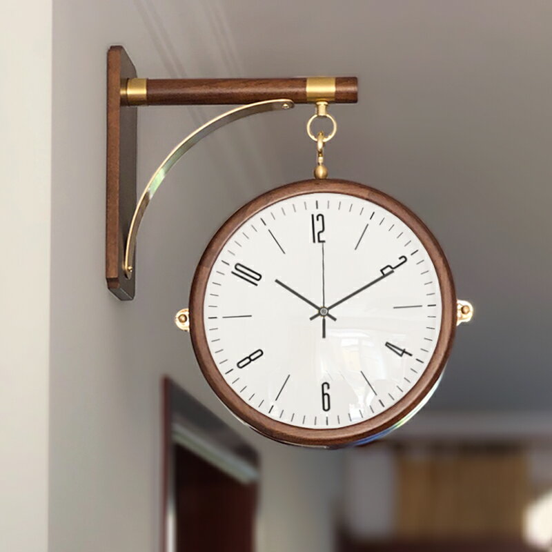 歐式客廳掛鐘鐘表時尚簡約雙面時間表實木銅框雙面鐘時鐘HDS23