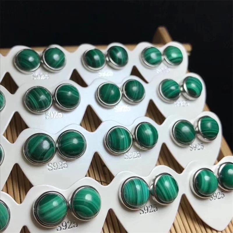 尚比亞天然孔雀石耳釘女款S925銀針簡約日韓復古氣質百搭水晶飾品