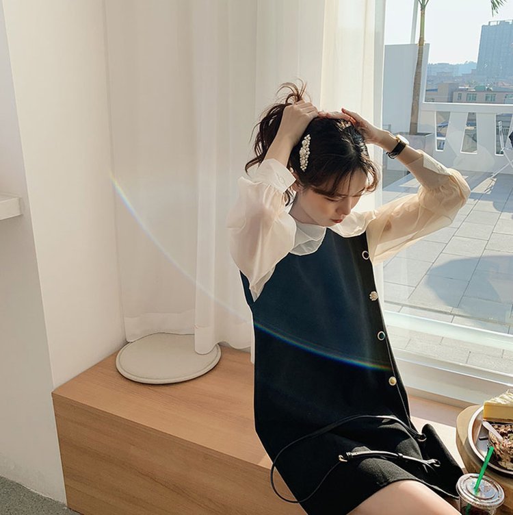 FINDSENSE G6 韓國潮流 2019 夏季時尚赫本套裝女神連身裙兩件套娃娃領連衣裙