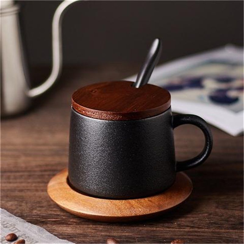 歐式簡約陶瓷杯帶蓋勺黑色磨砂咖啡杯配底座創意馬克杯咖啡廳水杯