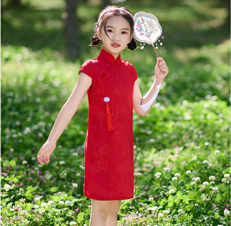 女童旗袍夏季裙周歲禮服連衣裙紅色生日中式兒童演出服女【步行者戶外生活館】