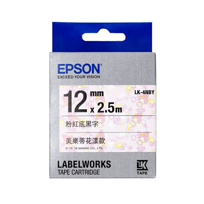 EPSON 美樂蒂花樣款 12mmx2.5M 粉紅底黑字標籤帶 / 盒 LK-4NBY