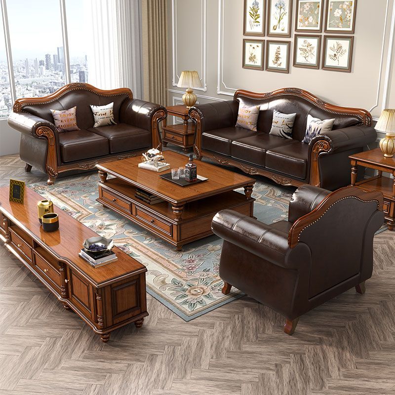 台灣公司貨 最低價 免運 
 美式實木真皮沙發頭層牛皮123組合鄉村復古直排四人全屋客廳家具 1