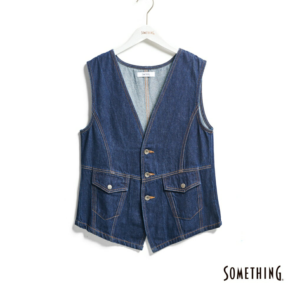 SOMETHING 女款 高腰剪裁牛仔背心 (原藍色)