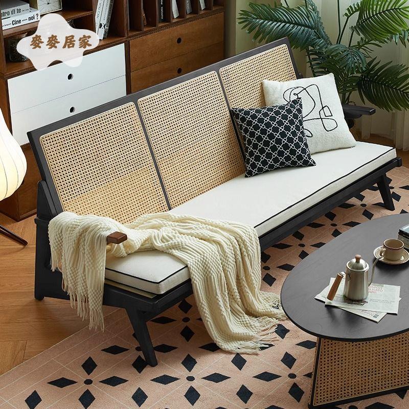 法式復古實木藤編沙發