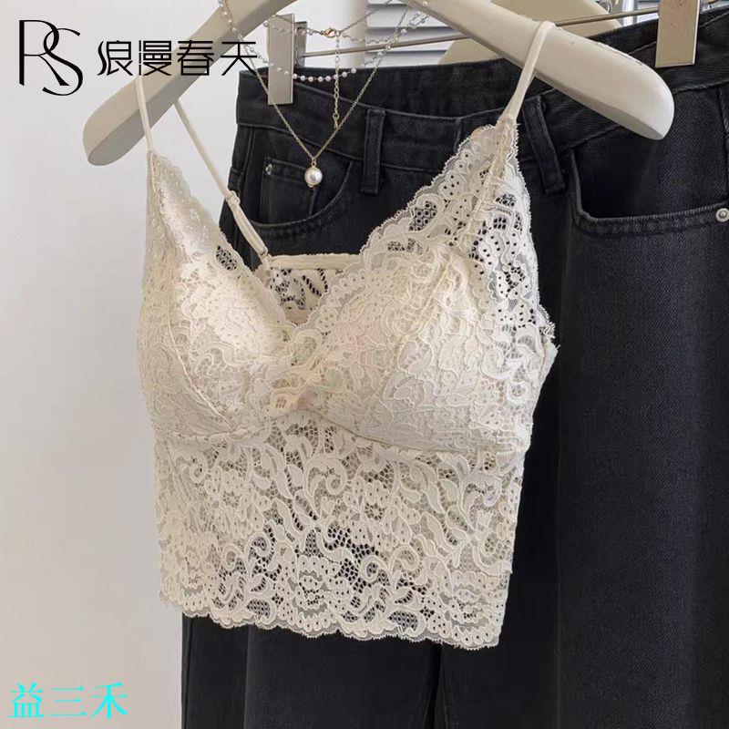 浪漫春天夏季蕾絲吊帶美背內衣聚攏薄款抹胸性感內搭文胸一體背心-益三禾