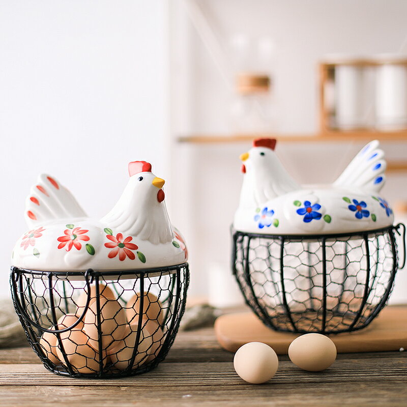 陶瓷雞蛋籃水果籃大蒜土豆雜物藍陶瓷廚房裝飾創意母雞收納鐵編籃