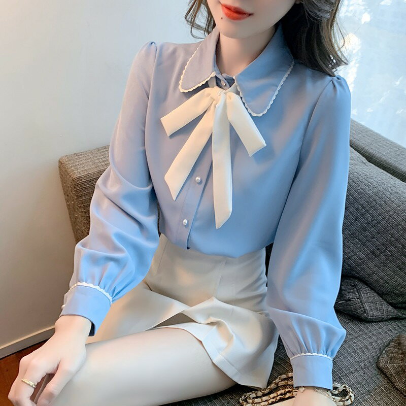雪紡襯衫女春裝2022年新款女士襯衣蝴蝶結上衣高階感別致漂亮小衫