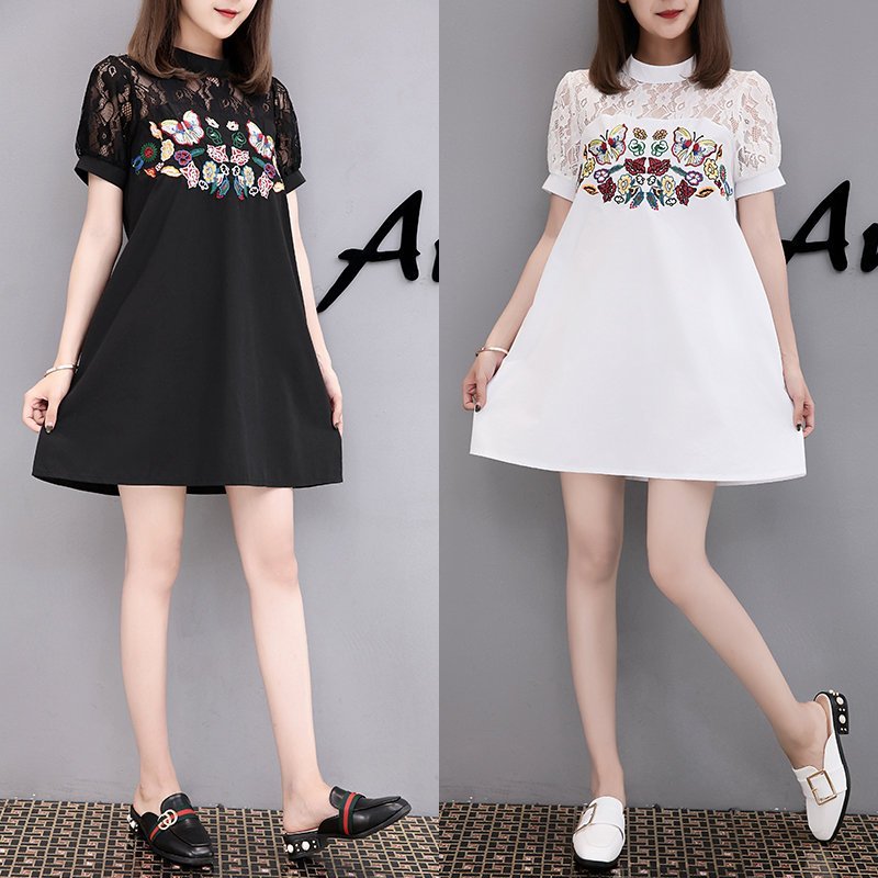 FINDSENSE G5 韓國時尚 夏季 短袖 蝴蝶刺繡 蕾絲 連身裙