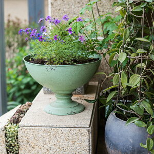 掬涵 大型鐵藝高腳杯花器花盆 裝飾收納復古Tiffany藍雜貨花園