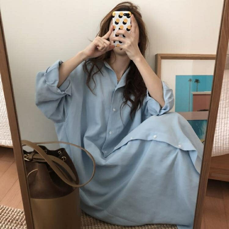 【樂天精選】韓國chic輕熟優雅慵懶風西裝領棉麻超長款襯衫式長款過膝洋裝女