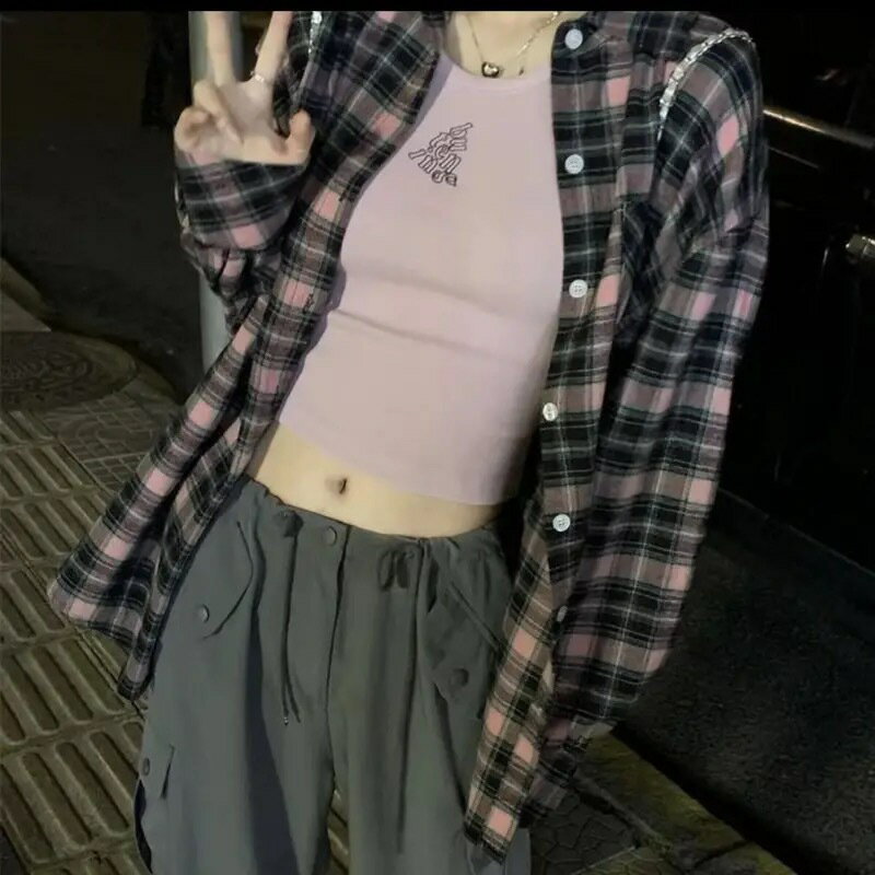 格子襯衫 女上衣 女裝 衣服 寬鬆上衣 格子襯衫女春夏秋新款韓版時尚少女小個子復古長袖襯衣休閒外套 0